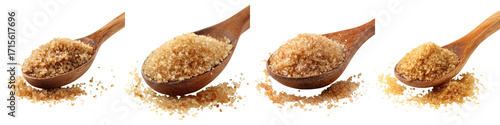 Various Wooden Spoons Filled with Natural Brown Sugar Granules