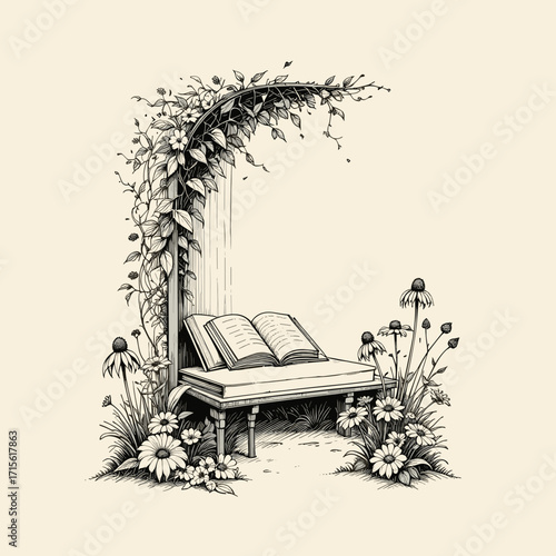 Open book in nature sketch, botanical illustration, whimsical garden reading nook