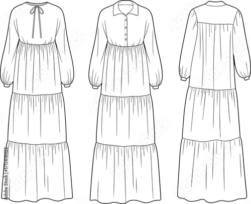Technical fashion flat sketch of tiered maxi dress with long sleeves, round and collared necklines, front and back garment views