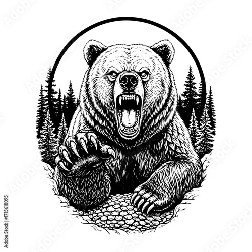 Angry grizzly bear close up portrait roaring showing claws in forest background hand drawn vector