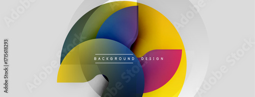 Abstract colorful shapes overlap. Gradient hues create dynamic visual effect. Modern design elements suggest creativity, innovation.