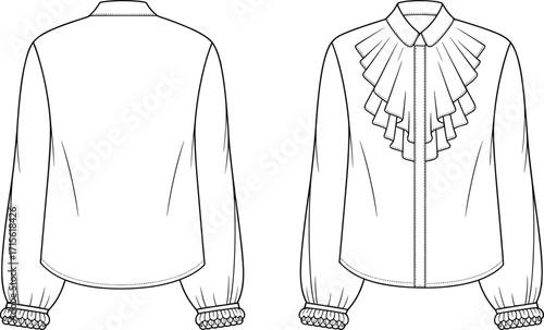 Technical fashion vector illustration of long sleeve blouse with ruffled bib front, gathered cuffs, shirt collar, front and back viewsTechnical fashion vector illustration