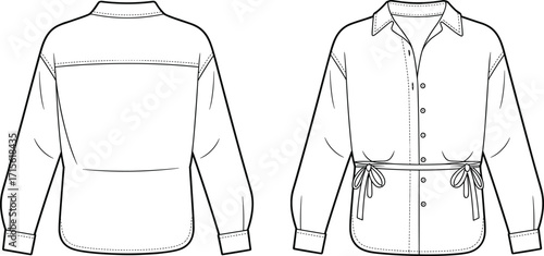 Technical fashion flat sketch of women’s long sleeve shirt with drawstring waist, button front, collar, cuffs, yoke, and rounded hem