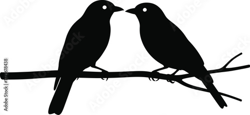 Two black birds silhouette on a branch, love and togetherness concept