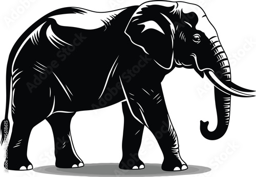 Graphic black elephant, walking forward, strong and powerful animal