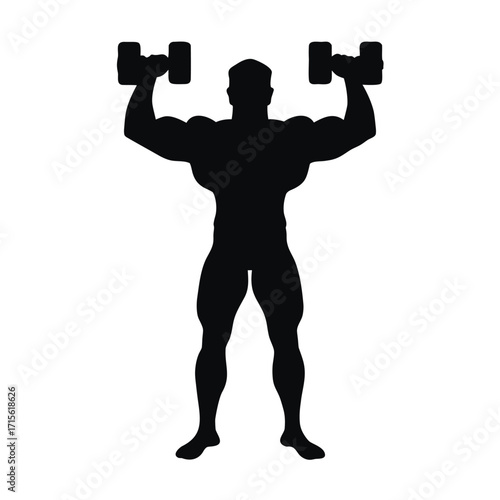 Silhouette of a muscular man lifting dumbbells overhead with strength