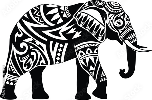 Ornate elephant illustration, tribal pattern, decorative