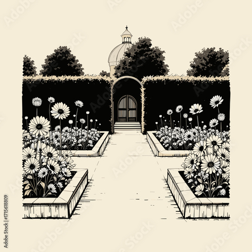 Garden pathway with flower beds sketch, botanical illustration, serene garden entrance