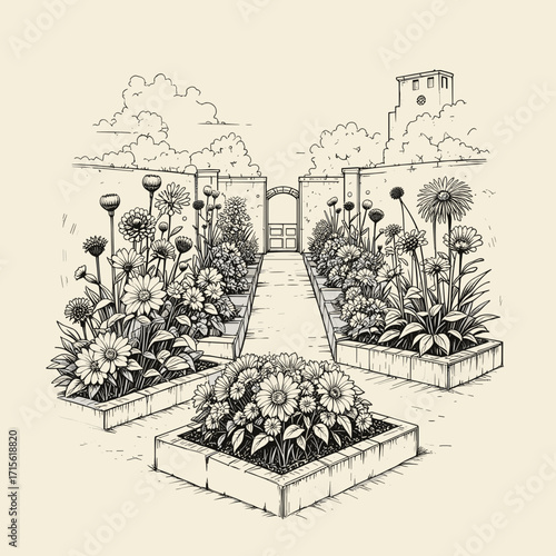 Garden pathway with flower beds sketch, botanical illustration, serene outdoor garden design
