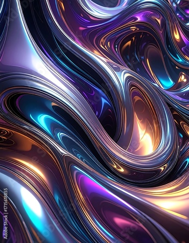 A mesmerizing display of fluid, metallic forms in vibrant colors, showcasing intricate swirls and flowing lines.
