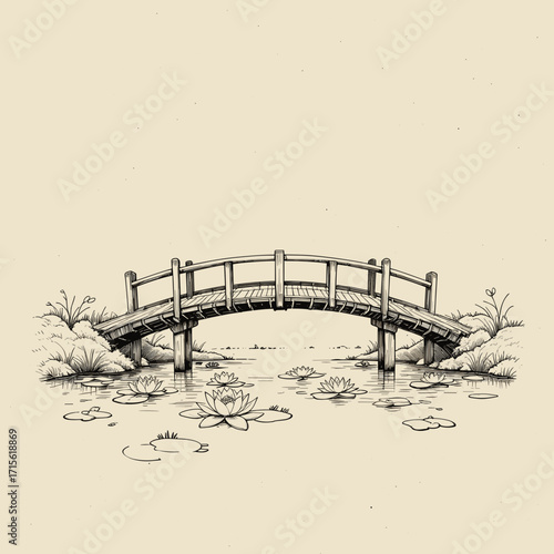 Wooden bridge over a lily pond sketch, botanical illustration, tranquil garden scene