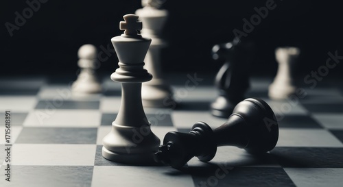 Chess game with fallen king, depicting defeat, strategy, and competition