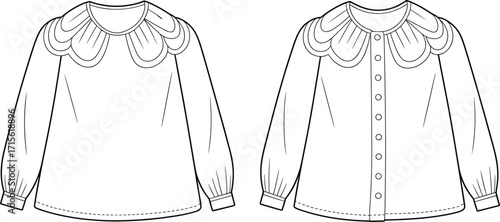 Long sleeve blouse technical flat fashion vector, front and back view, garment sketch with scalloped collar, gathered cuffs, and button closure