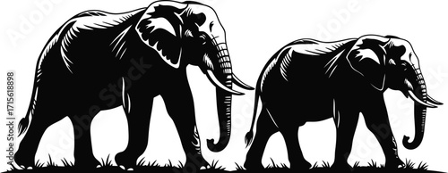 Two graphic elephants walking, wildlife conservation, animal migration