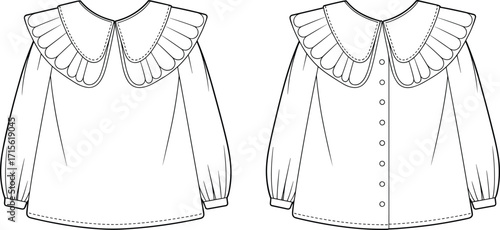 Technical fashion vector illustration of women’s blouse with wide scalloped collar, puff sleeves, button back closure, and front and back garment views