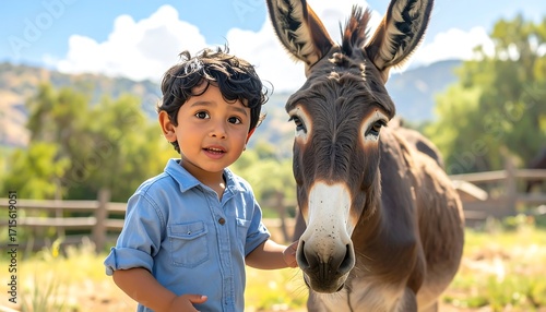 A young boy and a donkey share a heartwarming moment in a picturesque outdoor setting.