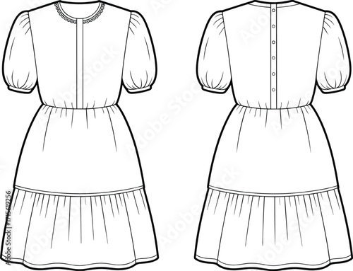 Technical fashion vector illustration of short puff sleeve tiered dress with gathered skirt, round neckline, garment flat sketch front and back view