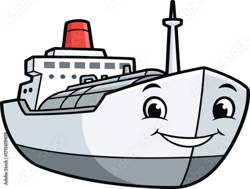 Cartoon cruise ship sails happily on the open sea, its cheerful face and vibrant colors creating a playful and inviting atmosphere for young viewers.