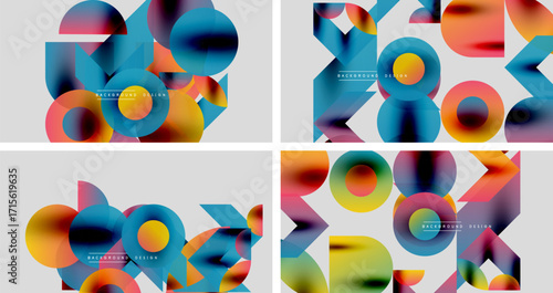 Abstract geometric designs. Colorful overlapping shapes create modern backgrounds. Gradient hues blend smoothly, offering vibrant visuals.
