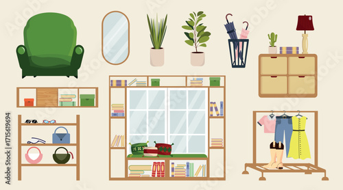 Set of home decoration equipment in cartoon style. Vector illustration: armchair, mirror, houseplants, umbrella stand, chest of drawers, bookshelves, accessories, windows, rack with clothes, shoes.