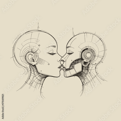 illustration of two robotic figures kissing, blending human elements with technology
