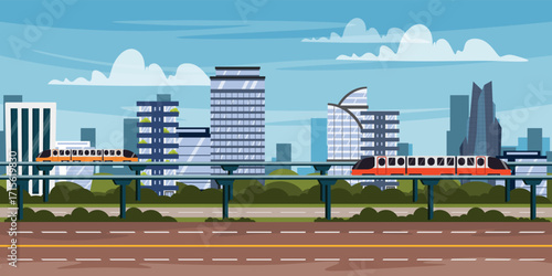 Vector illustration of a beautiful cityscape with high-speed trains. Cartoon scene futuristic multi-storey buildings, offices, bridges with modern trains, highway, trees, bushes, sky with clouds.