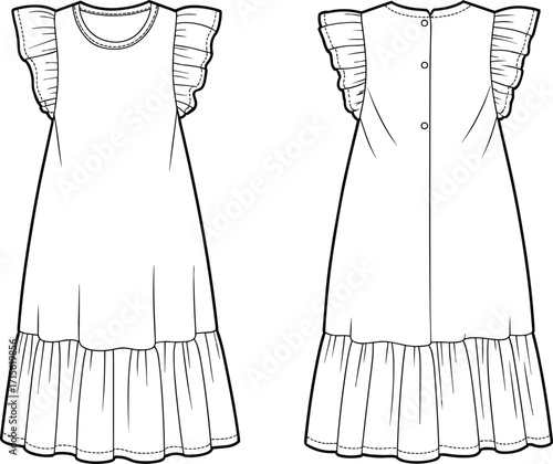 Technical fashion vector illustration of sleeveless girls dress with ruffled cap sleeves, tiered skirt, front and back garment construction views