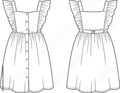 Technical fashion vector illustration of sleeveless ruffle strap girls dress with square neckline, gathered skirt, front button closure, and back belt