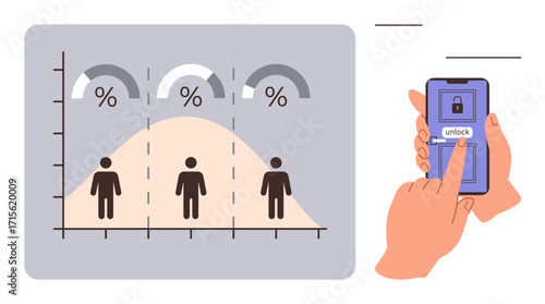 Probability graph with figures visualizing statistics and a smartphone interface unlocking via touch. Ideal for analytics, statistics, security, technology, business, education, privacy concepts. A