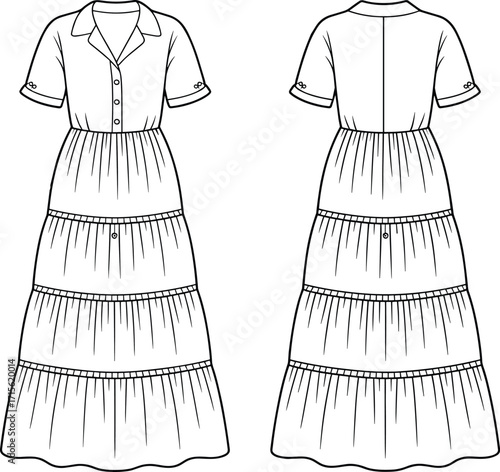Technical flat fashion vector illustration of collared tiered maxi dress with short sleeves, buttoned bodice, front and back garment construction views