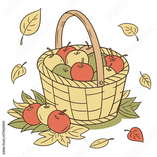A basket filled with apples surrounded by falling leaves in a delightful autumn harvest illustration