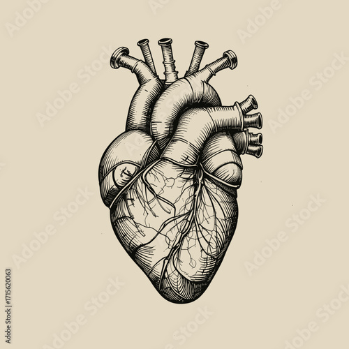 Intricate illustration of a human heart, showcasing detailed anatomical features and veins