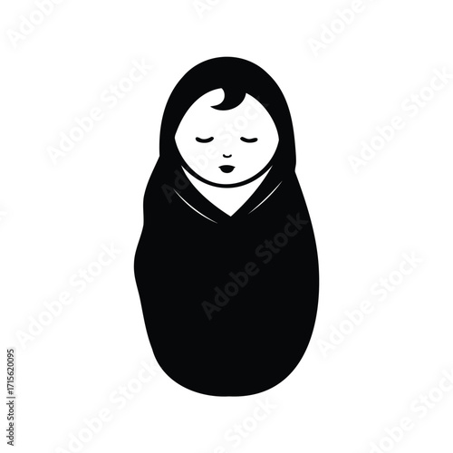 Stylized silhouette of a baby swaddled, in a monochrome black and white illustration, newborn baby swaddled silhouette vector illustration