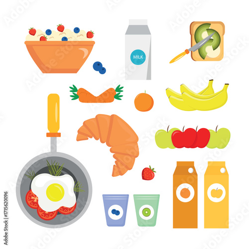 Set healthy breakfast food in cartoon style. Vector illustration: oatmeal with berries, milk, avocado toast, carrots, apples, bananas, croissant, frying pan with eggs, tomatoes, yogurts, juices.