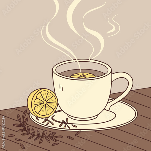 Illustration of a steaming cup of tea with lemon on a saucer next to a lemon and leafy sprig on a table