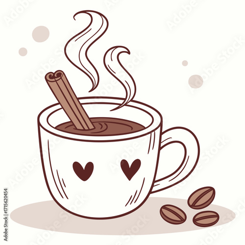 Aromatic coffee cup with cinnamon stick and heart details emitting steam with coffee beans nearby