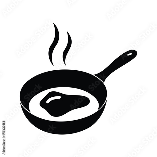 Black silhouette of a frying pan with food inside releasing steam trails, pan with steak silhouette vector illustration