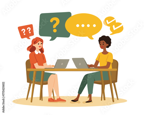 疑問や同意のアイコンが浮かぶ中、ノートパソコンを囲んで活発な意見交換を行う二人の女性を描いた、コミュニケーションを象徴するベクターイラスト。