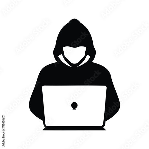 Anonymous hacker in a hood using a laptop to break into systems, person using hacking tools silhouette vector illustration