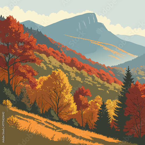 Autumnal mountain landscape with vibrant foliage and distant peaks under a serene sky in daytime scene