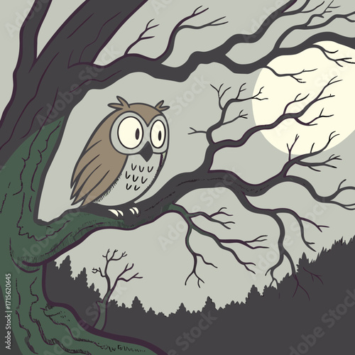 Owl perched on a branch in a spooky forest under the moonlight with bare trees and a dark atmosphere