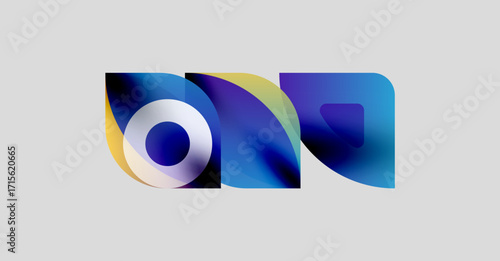 Abstract shapes overlap, creating vibrant color gradients. Design features blue, yellow, purple hues on light gray background. Modern aesthetic.