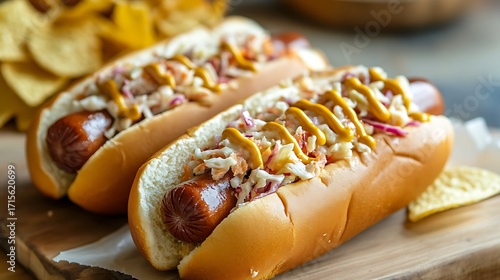 Creamy coleslaw hotdog with mustard and potato chips