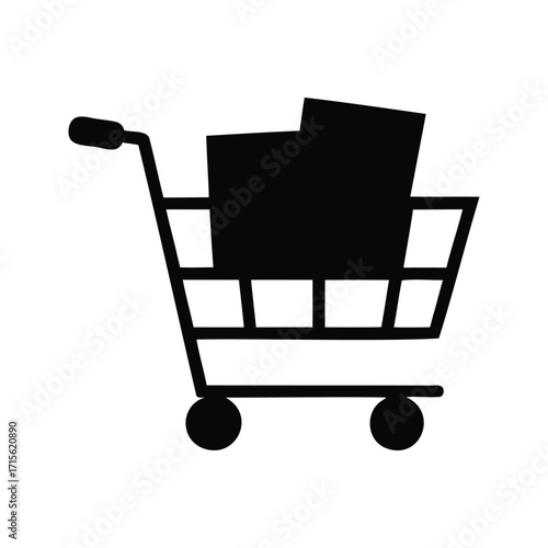 Black Shopping Cart Filled with Boxy Items ready for Online or InStore Purchases, shopping cart loaded with boxes silhouette vector illustration