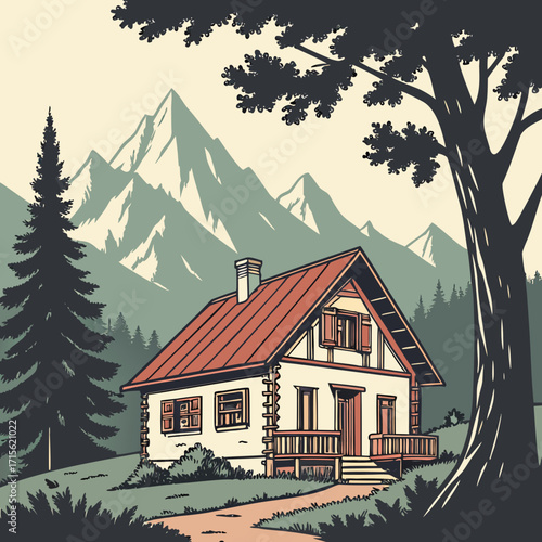 Illustration of a cozy cabin nestled in a mountain landscape with a tall pine tree and leafy tree in view
