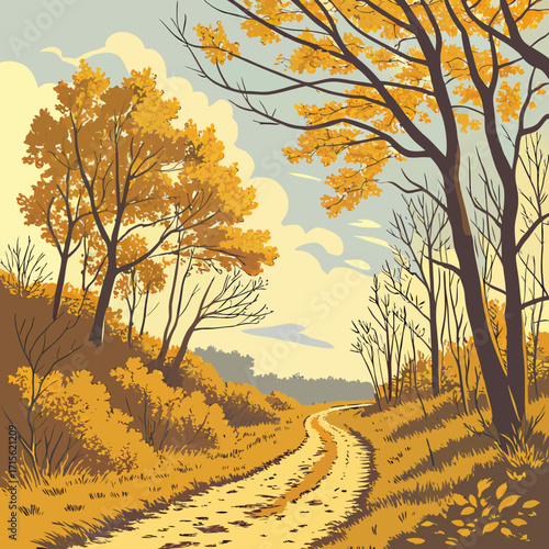 A winding path through an autumn forest with golden leaves and tall trees under a bright yellow sky scene