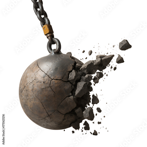 Cracked wrecking ball breaking apart isolated on transparent background