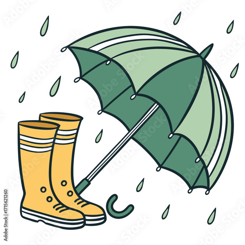 Illustration of yellow rain boots and a green umbrella with raindrops falling on a white background