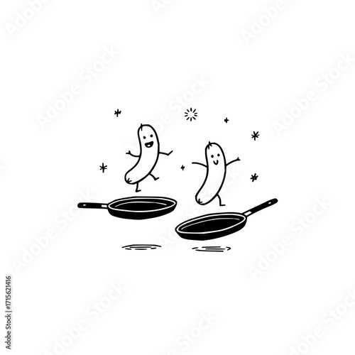 Two happy sausages dancing near frying pans with stars and a sun in a black and white illustration