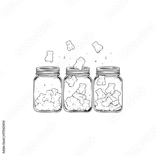 Three mason jars filled with gummy bears and some falling in a black and white line drawing style